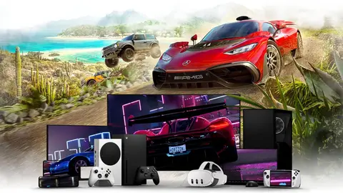 Arte oficial do Xbox Cloud Gaming com carros de Forza Horizon 5 e aparelhos compatíveis
