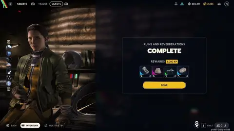 Tela do jogo Arc Raiders mostrando a conclusão da missão Ruins and Reverberations, com recompensa de 5.000 XP.