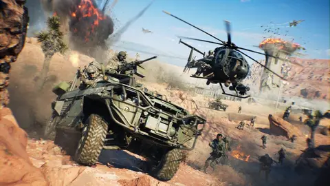 Arte oficial de Battlefield 6 com soldados em combate durante a Temporada 5 em Las Vegas