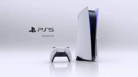 Console PlayStation 5 branco em pé ao lado do controle DualSense
