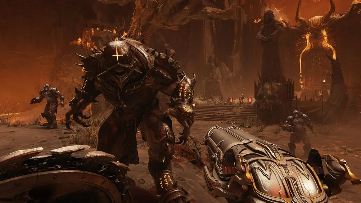 Arte oficial de Doom: The Dark Ages com o Slayer em combate