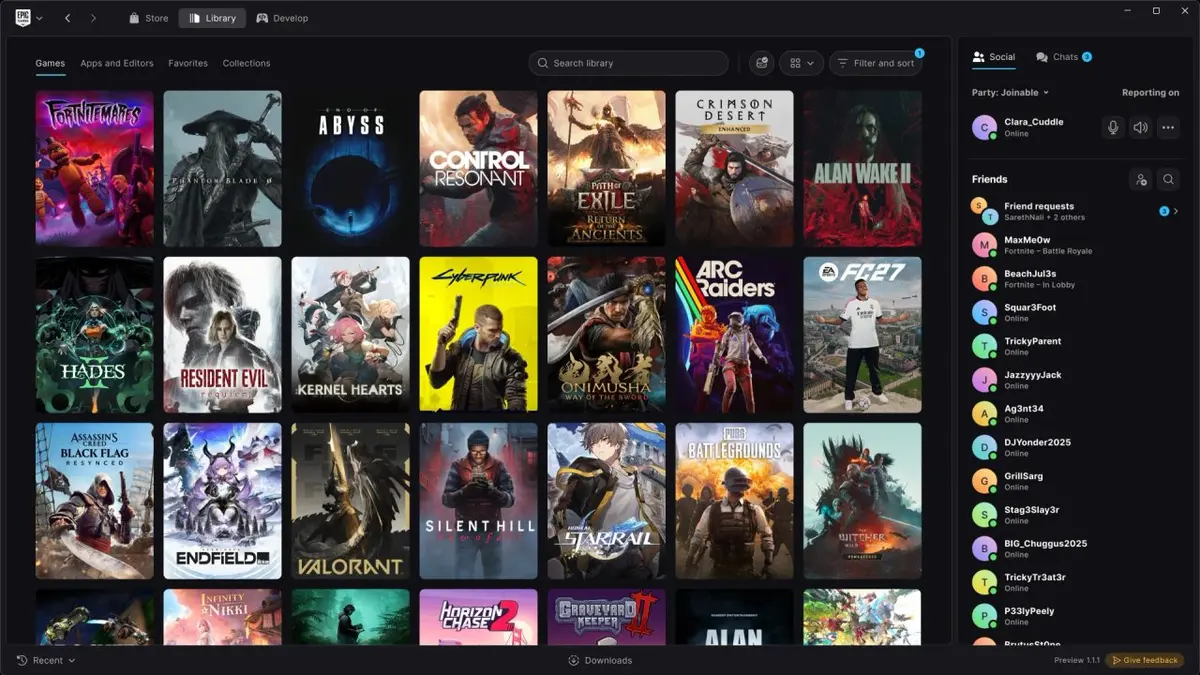 Captura da biblioteca do novo Epic Games Launcher com capas de jogos em grade e lista de amigos à direita