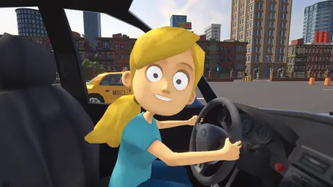 Imagem oficial de Teach My Little Sister How To Drive mostrando a irmã ao volante e o jogador no banco do passageiro