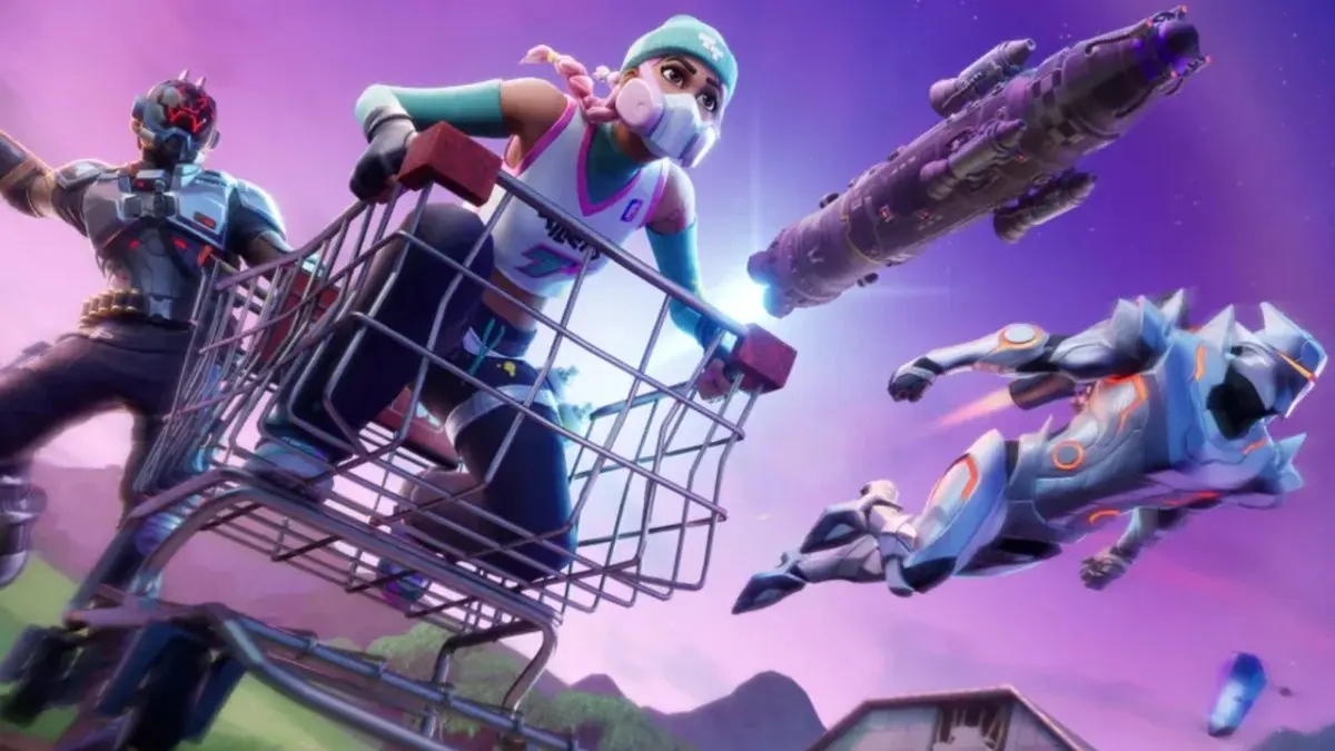 Personagens do Fortnite com carrinho de supermercado e planador em cenário roxo, com dois inimigos no ar