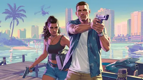 Arte oficial de GTA 6 com Lucia e Jason, um deles apontando pistola, em orla urbana com palmeiras e helicóptero