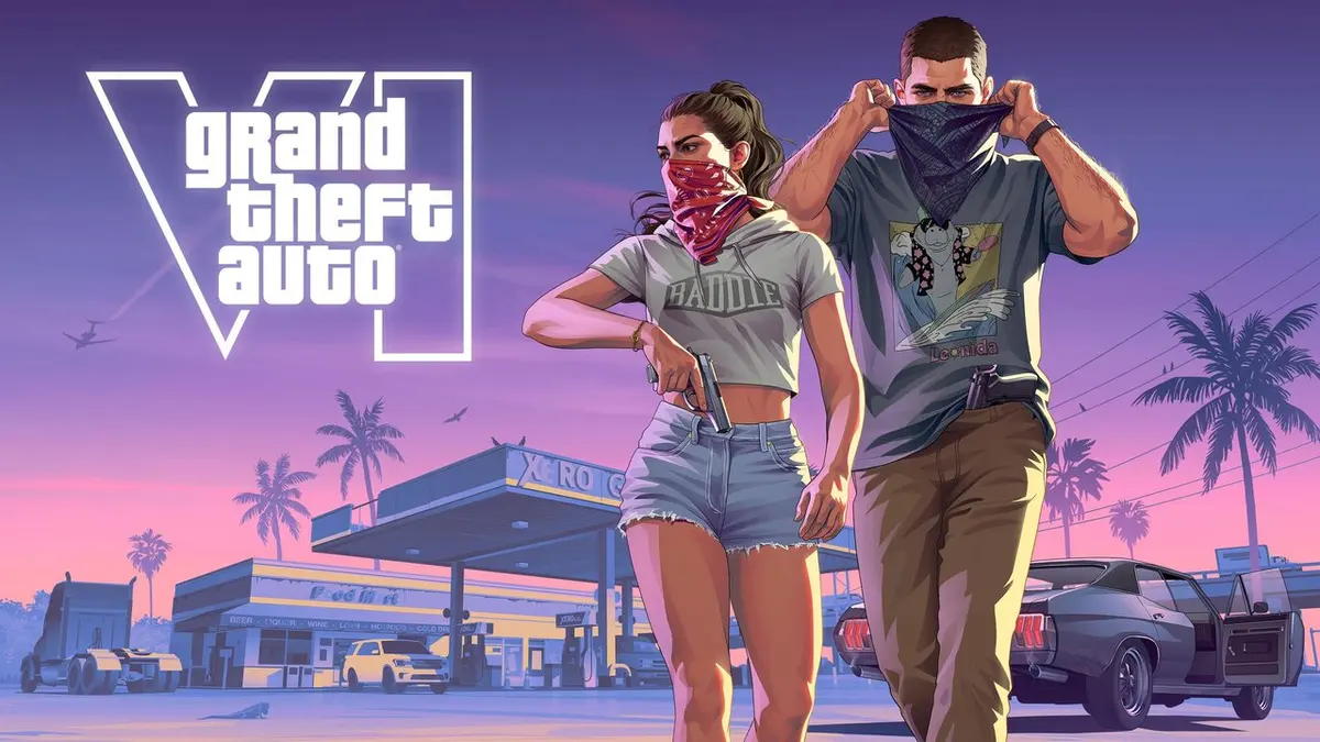 Arte oficial de GTA VI: dois personagens de bandana em frente a um posto de gasolina ao entardecer