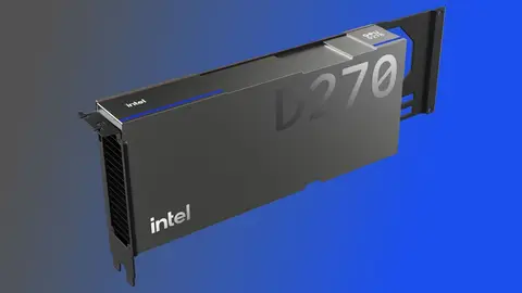 Placa aceleradora Intel D270, da linha Crescent Island, sobre fundo azul