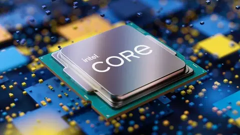 Processador Intel Core em close sobre fundo azul e amarelo