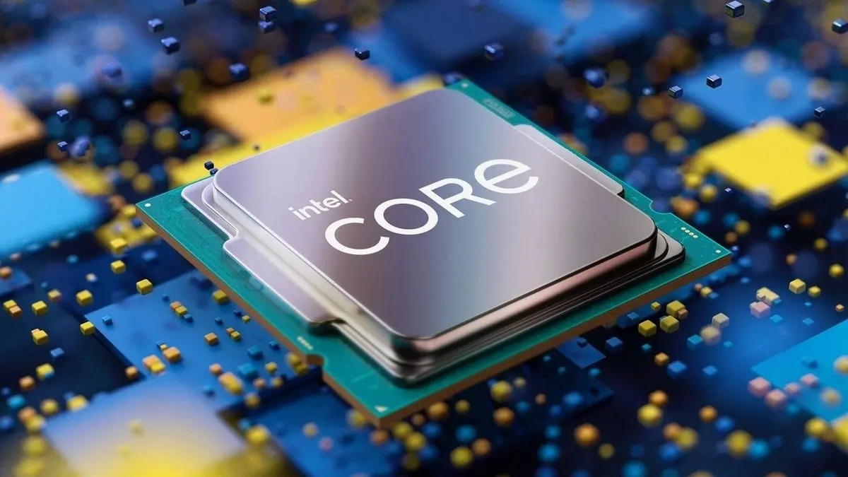 Processador Intel Core em close sobre fundo azul e amarelo