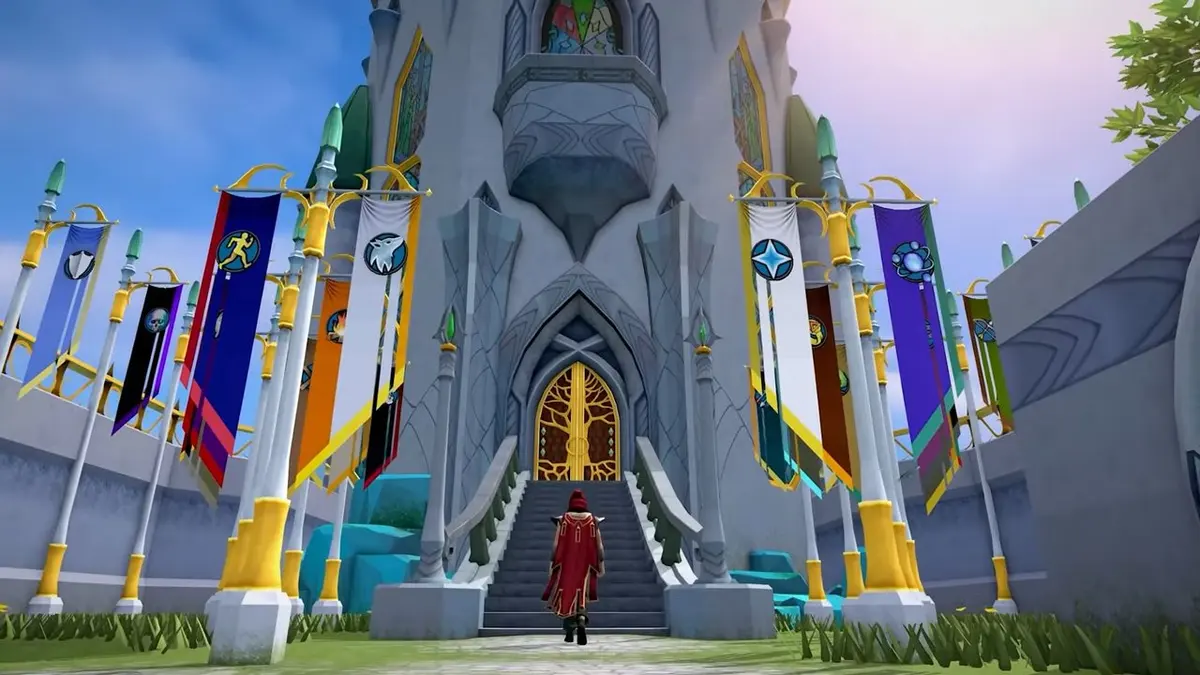 Personagem de manto vermelho sobe escadaria até portão dourado de castelo cinza com bandeiras coloridas, em cena de RuneScape
