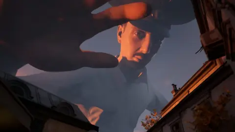 Arte oficial de Militsioner mostrando um policial gigante sobre uma pequena cidade