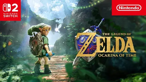 Link de The Legend of Zelda: Ocarina of Time olha para uma trilha numa floresta, com a logo do jogo ao lado