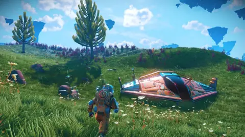 Arte oficial de No Man's Sky com planeta e nave espacial em paisagem alienígena