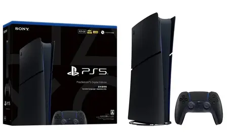 PS5 Digital Edition Midnight Black japonês com caixa, console e controle DualSense pretos