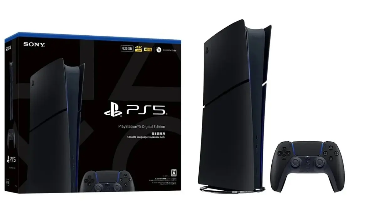 PS5 Digital Edition Midnight Black japonês com caixa, console e controle DualSense pretos