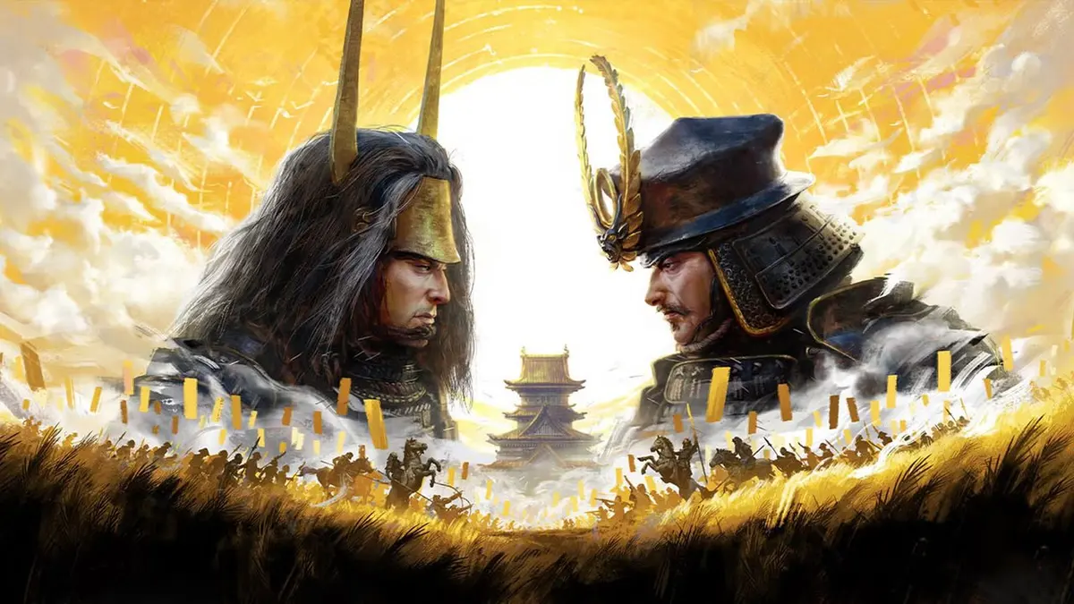 Dois samurais frente a frente com elmos e armaduras, castelo e sol dourado ao fundo, em arte de Total War: Shogun 2