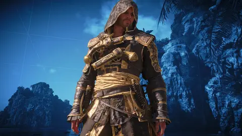 Personagem com capuz, armadura preta e dourada, duas pistolas e cinturão, diante de ilhas rochosas azuladas ao fundo.
