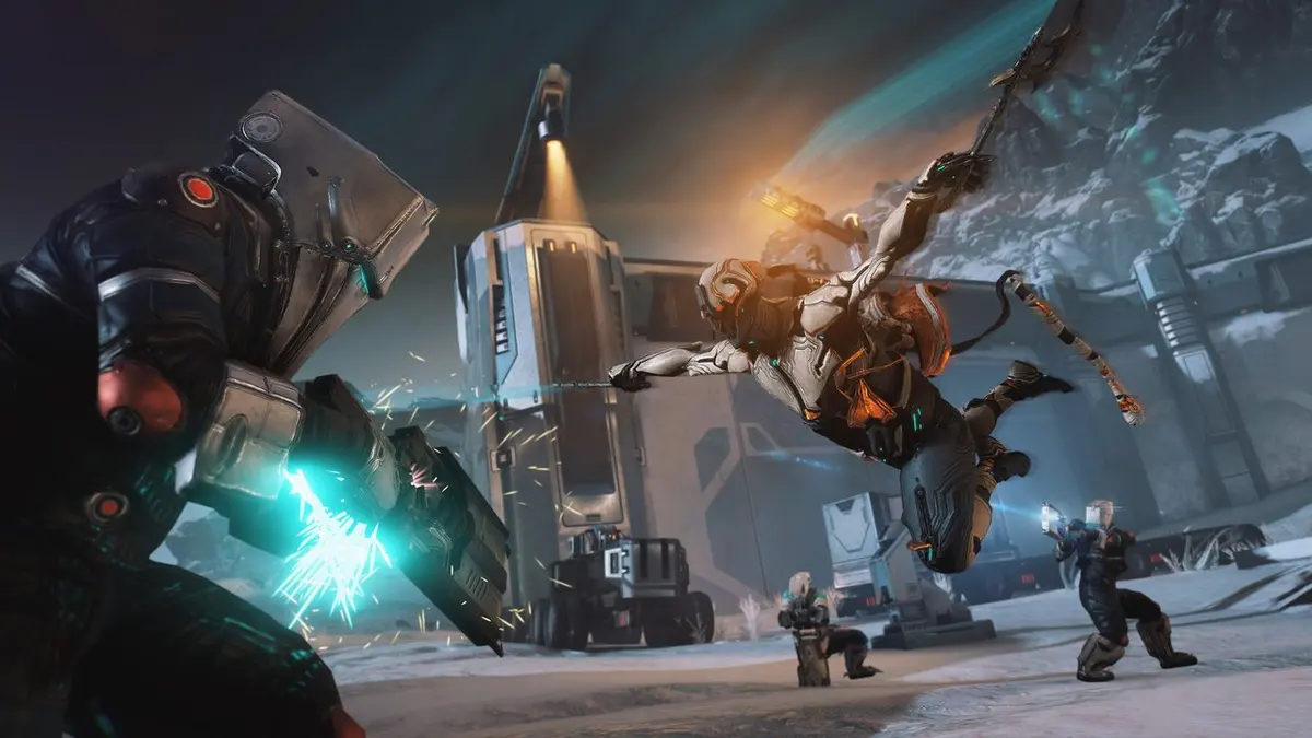 Arte oficial de Warframe com Warframes em combate no espaço